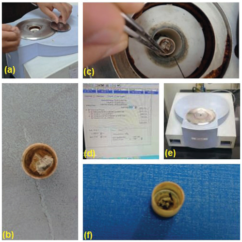 Figure 2. TGA Test Setup (a) Top lid opening (b) Pan with composite sample (c) Placing pan and the sample in the ceramic furnace (d) Setting the analysis parameters (e) TGA analysis (f) Sample residue.