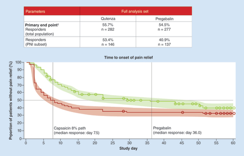 Figure 6. Key efficacy outcomes of the ELEVATE study. †Capsaicin 8% path was (noninferior) versus pregabalin (difference: 1.2%; odds ratio: 1.03; 95% CI: 0.71–1.50).PNI: Posttraumatic/postsurgical nerve injury.Reproduced with permission from [Citation58], © Haanpää et al., licensed with CC BY-NC-ND 4.0.