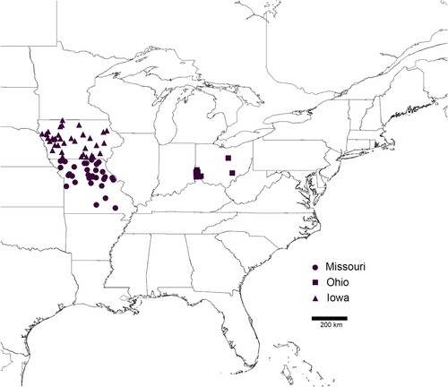 Figure 1. Locations of Missouri, Ohio, and Iowa lakes analyzed in the continental United States.