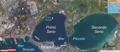 Figure 1. The Mar Piccolo area. Note the presence of massive factories close to both the Mar Piccolo and the town of Taranto.