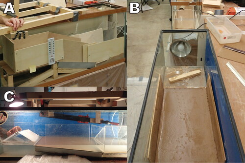 Figure 3. Examples of neoichnological experimental setups used to generate spider, scorpion, and crayfish trackways. (A) Dry aquarium (L: 122 cm; W: 30.5 cm; H: 48 cm) containing a wooden supporting platform with a 15° slope angle, suitable for dry or damp conditions; note the pieces of wood to contain and direct the animals. (B) The setup shown in (A) is at the top of the photo, showing dry sand and a shelter at the top to entice animals upwards; the bottom shows the larger tank (L: 122 cm; W: 38 cm; H: 40.5 cm) used for wet drying, wet saturated, or subaqueous experiments with the pan lying horizontal (0°) containing wet saturated sand with a plexiglass staging platform. (C) Setup for sloped, subaqueous scorpion experiments; cloudiness of water due to sand being reset multiple times after much trackway making (further experiments would have required changing the water or allowing clay particles to settle overnight).