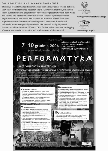 • Poster and conference programme of Performatyka: perspektywy rozwojowe. Performance Studies and Beyond