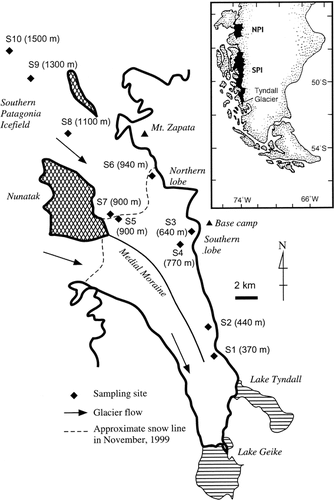 FIGURE 1. Location of Tyndall Glacier in the Southern Patagonia Icefield (SPI) and map of the glacier showing the sampling sites (S1–S10)