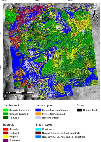 Figure 3. The 25 cm/pixel NOAH-H descriptive class mosaic of Jezero crater overlain on the 6 m/pixel CTX basemap. The locations of several subsequent figures are shown. See Main Map 1 for the full version of this product.