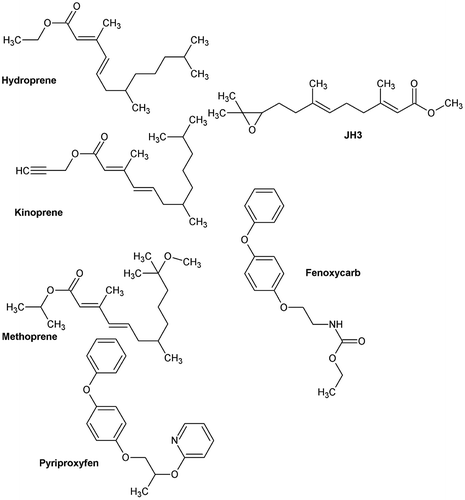 Figure 2. Structure of juvenile hormone III (JH3), hydroprene, kinoprene, methoprene, pyriproxyfen, and fenoxycarb.