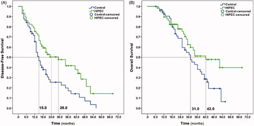 Figure 2. Kaplan–Meier plot of disease-free survival (Panel A) and overall survival (Panel B) for the patients.