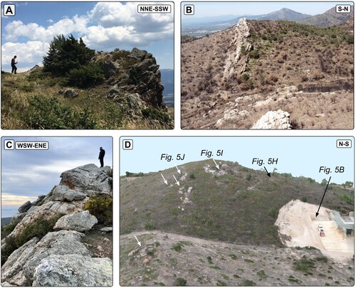 Figure 6. (A) The giant quartz vein located at the northern sector of the Ger-Gréixer area, emplaced along a ca. 50° N-dipping thrust fault; (B) UAV (Unnamed Aerial Vehicle) aerial photograph of the NW segment of the Roses vein, where it was emplaced along a ca. 50–70° SW-dipping silicified and sheared quartz-schist band; (C) The SE segment of the Roses vein, where it was emplaced along a ca. 40–55° SW-dipping thrust fault; (D) Digital Elevation Model coupled with aerial photographs acquired using an UAV of a giant quartz vein (white arrows) from the Vilarnadal-Masarac area.