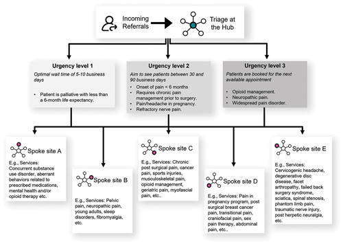 Figure 1. An overview of our triage process and examples of the services offered at each spoke site.