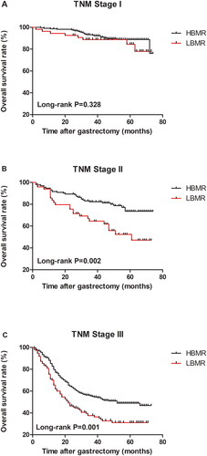 Figure 3. Kaplan–Meier survival curves for overall survival and BMR under adjusted TNM stage.