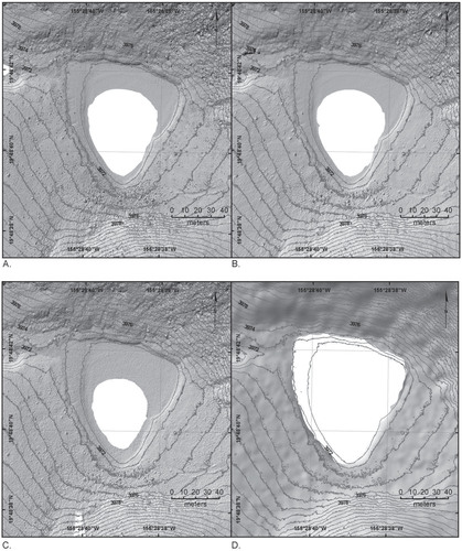 FIGURE 3. Hillshade comparison of DEM data sets. Lake Waiau is the white area in the center of each hillshade and varies in size with date the data was acquired. Contour interval is 1 m. (A) Terrestrial Light Detection and Ranging Systems (LiDAR), 12 June 2012, 3 cm resolution. (B) SfM terrestrial photography, 14 June 2012, 3 cm resolution. (C) SfM terrestrial photography, 19 July 2012, 3 cm resolution. (D) Aerial photography, 9 September 1995, 1 m resolution.