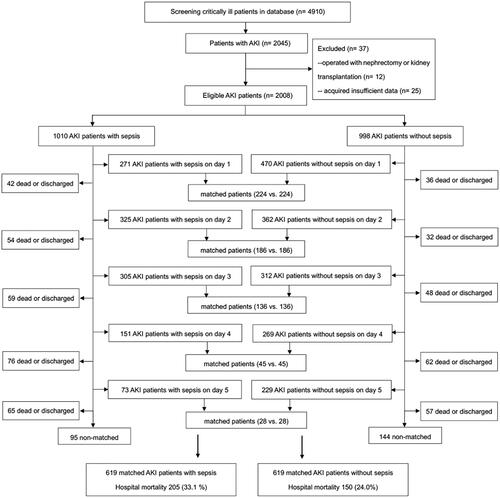 Figure 1. Study flow diagram. The propensity score for AKI with sepsis on the first ICU day (day 1) included patients diagnosed AKI and sepsis on day 1. Excluding patients who were matched on day 1, discharged and dead on day 1, patients of AKI with sepsis on the second ICU day (day 2) were identified in the rest of patients, including patients who diagnosed AKI on day 1 with renal recovery on day 2. Sequentially, excluding patients who were matched on day 2, discharged and dead on day 2, patients of AKI with sepsis on the third ICU day (day 3) were identified, including patients who diagnosed AKI on day 1 or day 2 but with renal recovery on day 3. Patients of AKI with sepsis on days 4-5 were constructed correspondingly. Further, cohort of AKI without sepsis on the first ICU day included patients diagnosed AKI on day 1 who never developed sepsis during the study screening period. Excluding patients who were matched on day 1, discharged and dead on day 1, patients of AKI who never developed sepsis during the study screening time on the second ICU day were identified in the rest of patients, including patients who diagnosed AKI on day 1 with renal recovery on day 2. Sequentially, excluding patients who were matched on day 2, discharged and dead on day 2, patients of AKI who never developed sepsis during the study screening time on the third ICU day were identified, including patients who diagnosed AKI on day 1 or day 2 but with renal recovery on day 3. Patients of AKI without sepsis on days 4-5 were constructed correspondingly. AKI acute kidney injury, ICU intensive care unit.