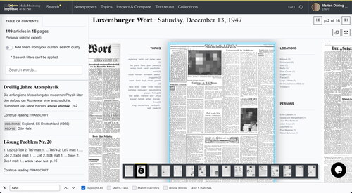 Figure 10. Facsimile view of a newspaper page with marginalia and searchable table of content on the left.