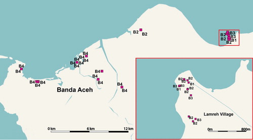 Figure 9. The distribution of Type B stones. Almost all B1 – 3 stones are located on the Lamreh headland, whereas all the B4 stones are distributed in clusters across the western half of our survey area.