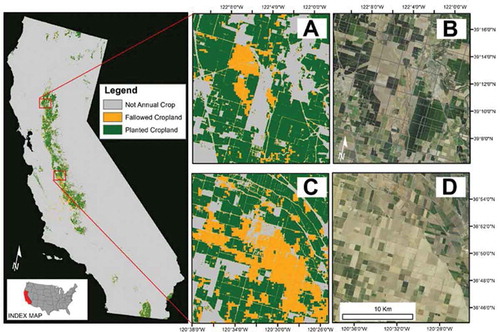 Figure 12. FANTA Model for 2014. The FANTA model for 2014 is shown in the left panel. The zoomed insets (a–d) show details of the FANTA model (a and c) with the 2014 natural color NAIP imagery on the right (b and d). NAIP imagery, produced by the USDA-FSA Aerial Photography Field office, was accessed January 2015 at: https://www.fsa.usda.gov/programs-and-services/aerial-photography/imagery-programs/naip-imagery/.NOTE: The model shown in insets (a) and (c) of Figure 12 of the original article show FANTA results for 2015.