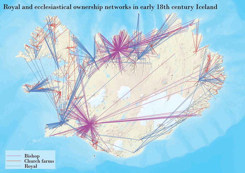 Figure. 5. Royal and ecclesiastical ownership networks in early 18th century Iceland. Source: Maps produced using basemap data from Landmælingar Íslands.