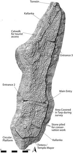Figure 5. Hillshade produced from ground model of Kuelap, with major features labeled.