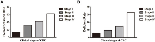Figure 2 Associations between HER2 and dMMR and clinical stage of CRC. The HER2 overexpression rate (A) and MMR deficient rate (B) increased with increased CRC clinical stages I/II/III/IV. The HER2 overexpression rate and dMMR rate were statistically different in different clinical stages (P<0.05).