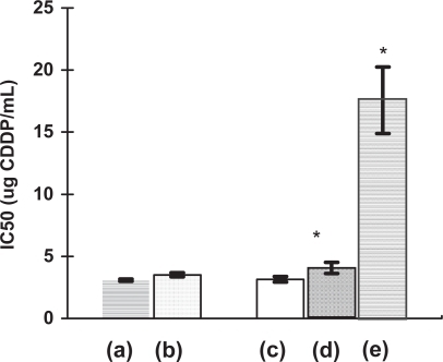 Figure 5 Comparison of IC50 values obtained for the cytotoxicity testing of CDDP released after incubation of the nanoconjugates in PBS: (a) Free drug control, (b) CDDP released from the nanoCaP/CDDP conjugates. (c)–(e) are from the direct addition study: (c) Free drug control, (d) NanoCaP + Free drug. (e) Nano-CaP/CDDP conjugates particles directly added to the cells. (*) denotes significant difference (p < 0.05, Student’s T-test) from free drug control.