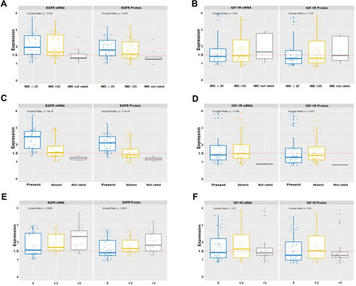 Figure 1 Levels of gene expression of EGFR and IGF-1R in socio-epidemiological and pathological–clinical data. Variations in levels of gene expression were significant (p <0.001) for EGFR (A) BMI, (C) angiolymphatic invasion and (E) compromised lymph nodes. IGF-1R did not show statistical significance (B) BMI, (D) angiolymphatic invasion and (F) compromised lymph nodes. In all graphs, the expression of breast tumors was normalized by non-neoplastic breast tissue. The dotted lines represent the 1.5-fold-change.