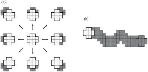 Figure 6. (a) Examples of transitions from an octagon (enclosed by a bold line) to 8-adjacent octagons and (b) an example of a corridor resulting from multiple such transitions, starting with an initial octagon (enclosed by a bold line) and ending with a terminal octagon (enclosed by a bold line). Note that the cells newly swept through transitions are shaded