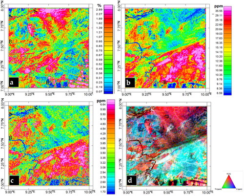 Figure 7. Gamma spectrometric maps for (a) potassium (K) concentration, (b) thorium (Th) concentration, uranium (U) concentration and (d) ternary image.