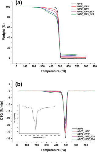 Figure 11. (a) TG and (b) DTG curves (with DTG of PV as inset) of neat HDPE and biocomposites.