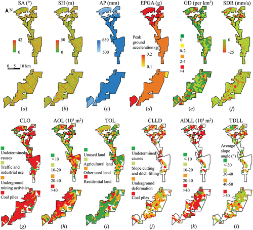 Figure 8. Spatial distribution maps of 12 evaluation factors in the HMA: (a) slope angle; (b) slope height; (c) annual precipitation; (d) earthquake peak ground acceleration; (e) geo-disaster density; (f) surface deformation rate; (g) causes of land resources being occupied; (h) area of occupied land resources; (i) types of occupied land resources; (j) causes of landforms and landscapes being devastated; (k) area of devastated landforms and landscapes; and (l) types of devastated landforms and landscapes. The figure was created using ArcGIS ver.10.8 (https://www.esri.com/).