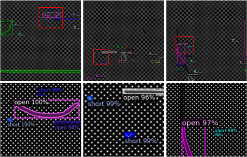 Figure 4. Result of the defect detection, row 1 is the 1024 × 1024 output data and row 2 is the zoomed-in image.