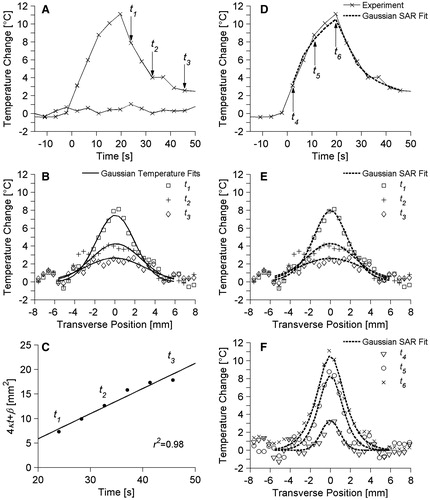 Figure 2. Representative ex vivo pork muscle experimental temperatures and fits used in thermal diffusivity estimation. (A) Temperature vs. time profile at the centre of the focal zone as well as baseline temperature measurements in a non-heated region 15 mm from the focus. Time is measured from the onset of heating. Arrows identify time points (t1, t2, t3) whose transverse temperature distributions are plotted in B and compared with Gaussian temperature fits to those data. (C) Estimates for 4α t+β vs. time and the linear fit used in the Gaussian temperature method for thermal diffusivity estimation. (D) The temperature vs. time profile at the centre of the focal zone and the corresponding data from the Gaussian SAR/heat and cool temperature fit at that location. Transverse temperature profiles and the Gaussian SAR/heat and cool fit are plotted in E for cooling times t1, t2, and t3 and in F for heating times t4, t5, t6 (indicated by arrows in D).