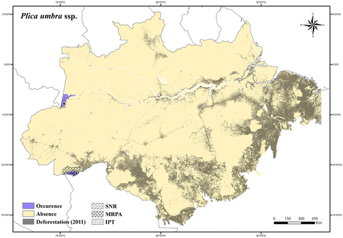 Figure 118. Occurrence area and records of Plica umbra ssp. in the Brazilian Amazonia, showing the overlap with protected and deforested areas.