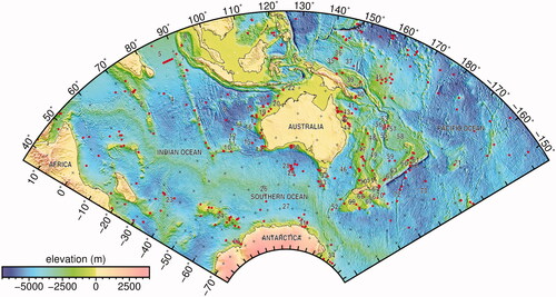 Figure 12. Overview map showing ocean drilling sites, and geographical and structural names. The latter are numbered on the map generally from west to east, within Indian Ocean, Southern Ocean and Pacific Ocean. All information listed in numerical order in the Appendix, including approximate latitudes and longitudes.