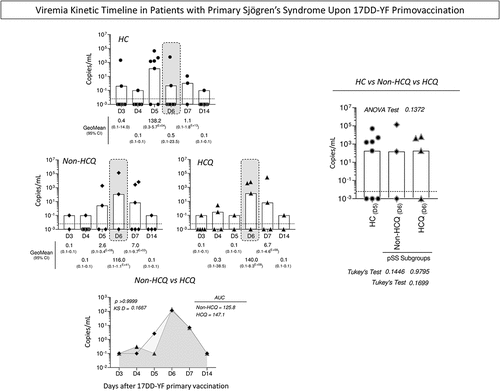 Figure 3. Viremia kinetic timeline in patients with Sjögren’s Syndrome upon 17DD-YF primovaccination.The viremia levels were measured by qRT-PCR assay in serum samples from patients with Sjögren’sSyndrome (pSS), categorized according to the use of HCQ immunotherapy, referred as: Non-HCQ (Display full size, n = 18) or HCQ (Display full size, n = 16) and healthy controls (HC, Display full size, n = 23) at distinct time points upon 17DD-YF primovaccination (D3,D4, D5, D6, D7, and D14). Data are shown as GeoMean of copies/mL (95%CI) along the kinetics timeline. Dashed line represents the limit of detection (6.25 copies/µL). Undetectable levels were computed as 0.001 copies/mL. Viremia kinetic curves are shown as GeoMean of copies/mL in overlayed line charts. Comparative analysis of viremia levels at the day of viremia peak (gray rectangles) was carried out by ANOVA followed by Tukey’s post-test and the viremia kinetic curves compared by Kolmogorov-Smirnov (KS) test. In all cases, significant differences at were considered at p < .05.