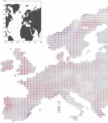 Fig. 8 Correlation analysis of gridded European precipitation with MSLP for April 1958–2002 [Key as Fig. 6].