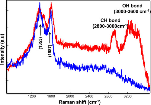 Figure 4 Raman patterns obtained from Co MNPs outside the MCF7cells (blue spectrum) and inside MCF7cells (red spectrum) with 532nm laser excitation under 5mW.