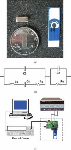 Figure 1. Sensor system: (a) SAWR device and electrode, (b) equivalent circuit of SAWR in serial with screen-printed electrode and (c) measurement system