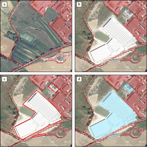 Figure 2. Process of photointerpretation: (a) area of interest at 2012, (b) change 2012–2017, (c) manual interpretation of vector data, (d) conversion of the new land consumption polygon in raster.