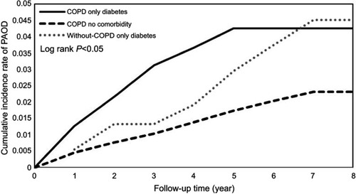 Figure 6 Cumulative incidence of peripheral arterial occlusion disease in patients with diabetes.Abbreviations: COPD, chronic obstructive pulmonary disease; PAOD, peripheral arterial occlusive disease.