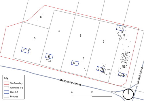 Figure 2. Plan of the Club Parramatta site showing the allotments, huts and distribution of archaeological evidence related to the hut phase.