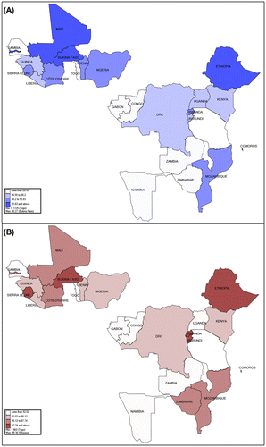 Figure 1. (Color online) The geographical distribution of solid cooking fuel usage by place of residence, (A) urban and (B) rural.
