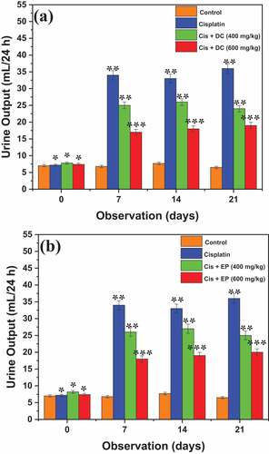 Figure 2. Representation of effect of (a) DC and (b) EP extracts on body urine output in cisplatin-treated rats. The results showed that co-administration of Cis + DC/Cis + EP significantly reduced the body urine output at a dose administration of 600 mg/kg. *p < 0.001, **p < 0.05, and ***p < 0.005