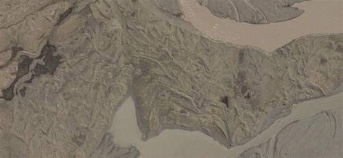Figure 10. Aerial photograph extract (Loftmyndir ehf 2007) of the Skalafellsjökull foreland showing partially overprinted sawtooth push moraines.