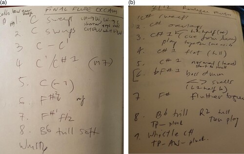 Figure 1. (a) Original notes for the flute part of OCCAM HEXA II in Citation2015. (b) The revised notes made at the recording session in Hamburg in 2017.