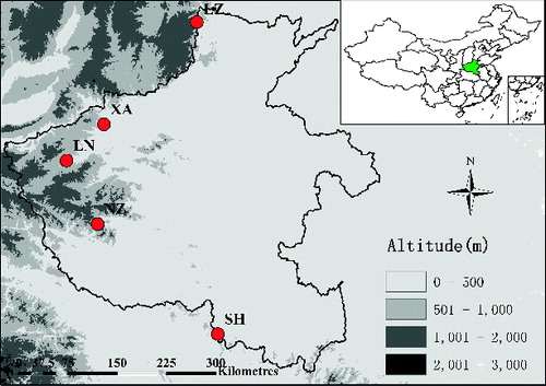 Figure 1. Map showing locations of the sampled populations of V. ficifolia Bge.