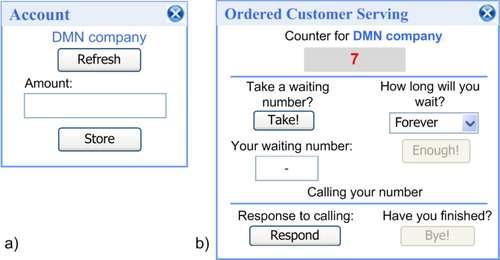 Figure 3. Widgets used in the mutual exclusion scenario: (a) The Account widget for appending of daily income to the company’s account; (b) Ordered Customer Serving widget for enforcing mutual exclusion.