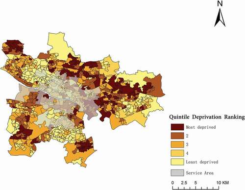 Figure 6. Quintile deprivation ranking by data zone in the Nextbike service area.