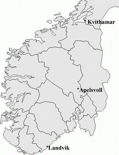 Figure 1.  Map of south Norway showing experimental sites.