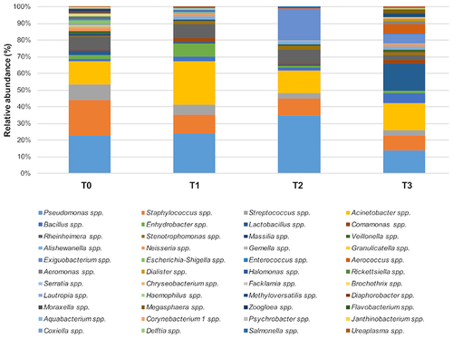 Figure 6 The predominant bacterial communities on tested ER surfaces. Results of NGS analysis performed at T0 (pre-PCHS period) and at T1, T2, and T3 after PCHS introduction. Data are expressed as mean relative abundance values.