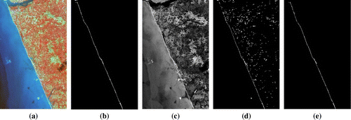 Figure 4. Illustration of results with Resource sat-2, LISS IV imagery. (a) Original image, (b) Ground truth, (c) MM processed image (intermediate stage), (d) Classification outcome, (e) Proposed MM algorithm outcome.