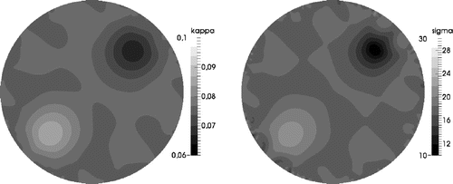 Figure 6. Reconstruction of κ (left) and σ (right) with ϑ=0.4, κap,σap=0.08,20cm-1 and Ξα=2924.