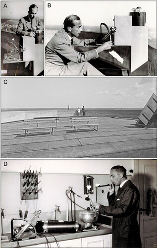 Figure 7. (A and B) Gunnar Erdtman, Citation1937, and the ‘aerosol collector’ vacuum equipment with manometer (MNH); (C) Water tower roof, 1935, photo by Ernst Blom, ‘Vattentornet vid Djäkneberget, Västerås’ (https://digitaltmuseum.se/0210110486166/vattentornet-vid-djakneberget-vasteras. ; public domain); (D) Erdtman, Citation1937, showing the manometer, vacuum cleaner and centrifuge on the laboratory bench (MNH).